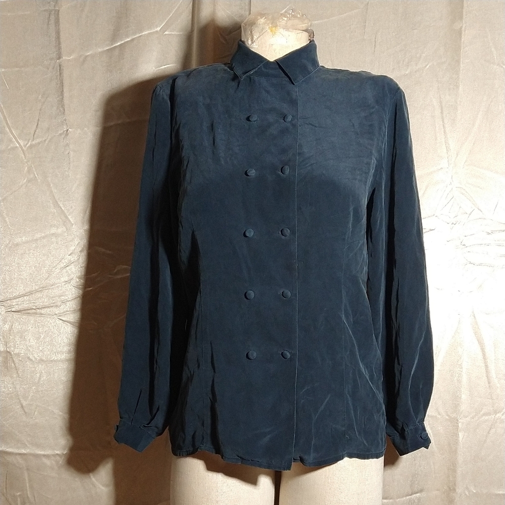 Vintage late 70s Early 80s 100% Silk Black Gray Chef Coat Style Top. By Jones Ne